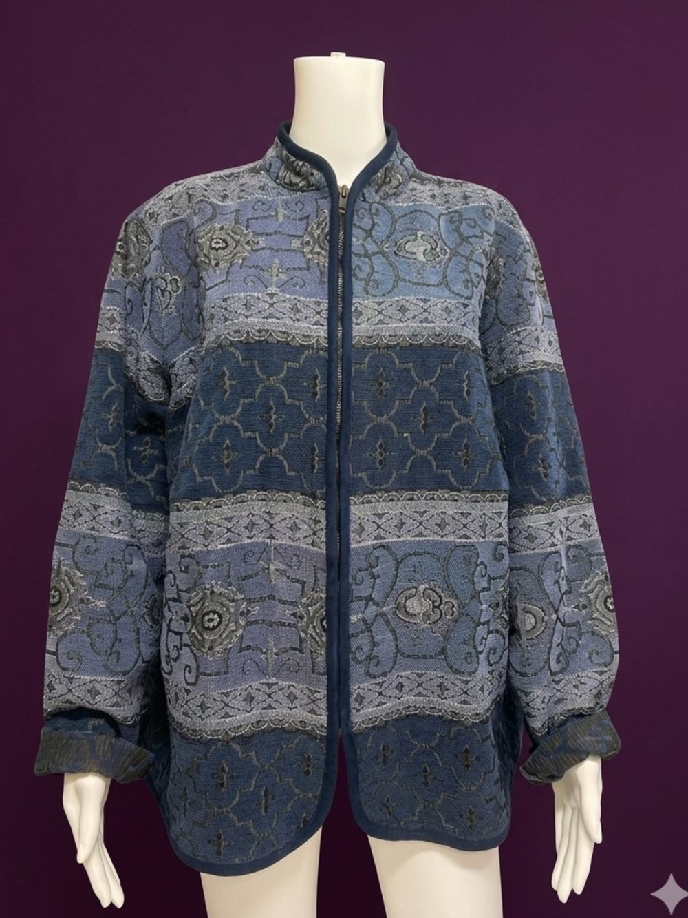 Tradition Country Collection Blue Woven Tapestry Jacquard Jacket Plus Size 22W